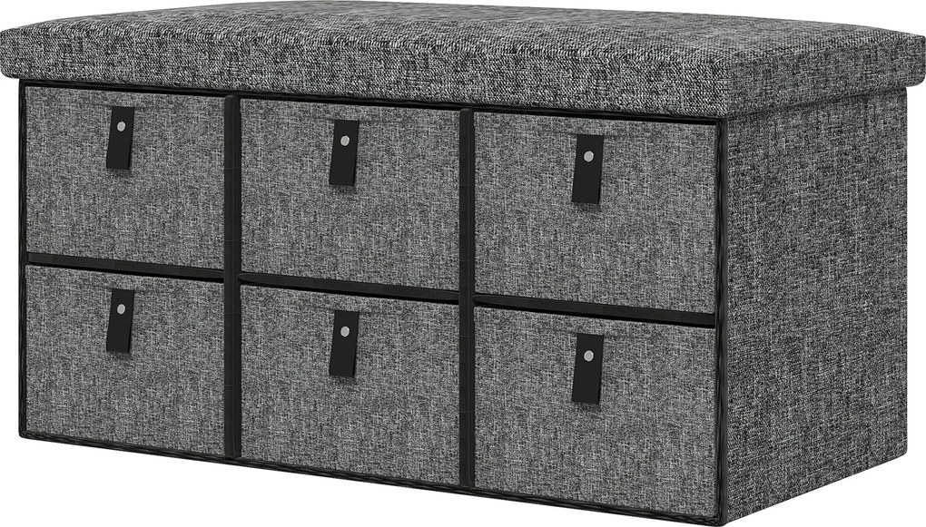 HOMCOM Cipőszerelő Pad 6 Dozissal, Ülőpad, Kabátrongáló Pad Linenszerű Megjelenéssel, Cipődoboz 6 Pár Cipőhöz, Előszobához, Sötét Szürke, 76,5 x 38 x