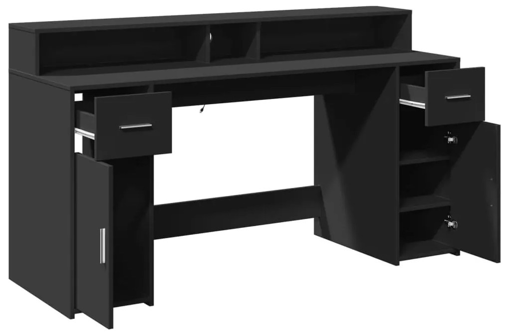 fekete szerelt fa íróasztal LED-világítással 160 x 55 x 91 cm