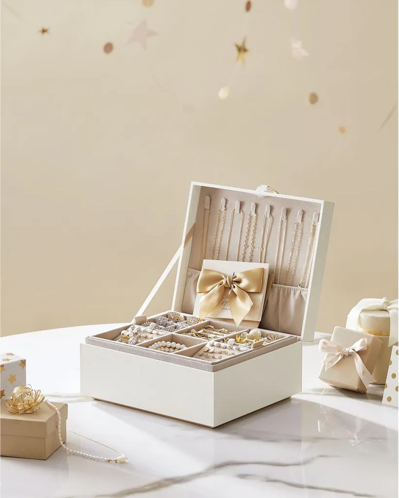 Ékszerdoboz, 2 szintes, kivehető ékszertartó tálcával, 20 x 24 x 11 cm, fehér