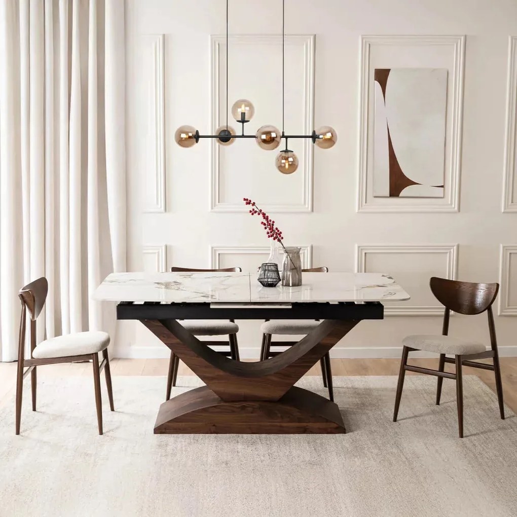 Bővíthető Márványhatású Kerámia Étkezőasztal Fehér/Dió Színben. ALICANTE 160-200 cm Belföldi Raktárból