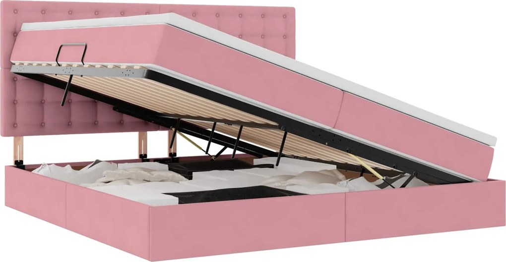 vidaXL Ágy tárolóval és matraccal Rózsaszín 200 x 200 cm Bársony