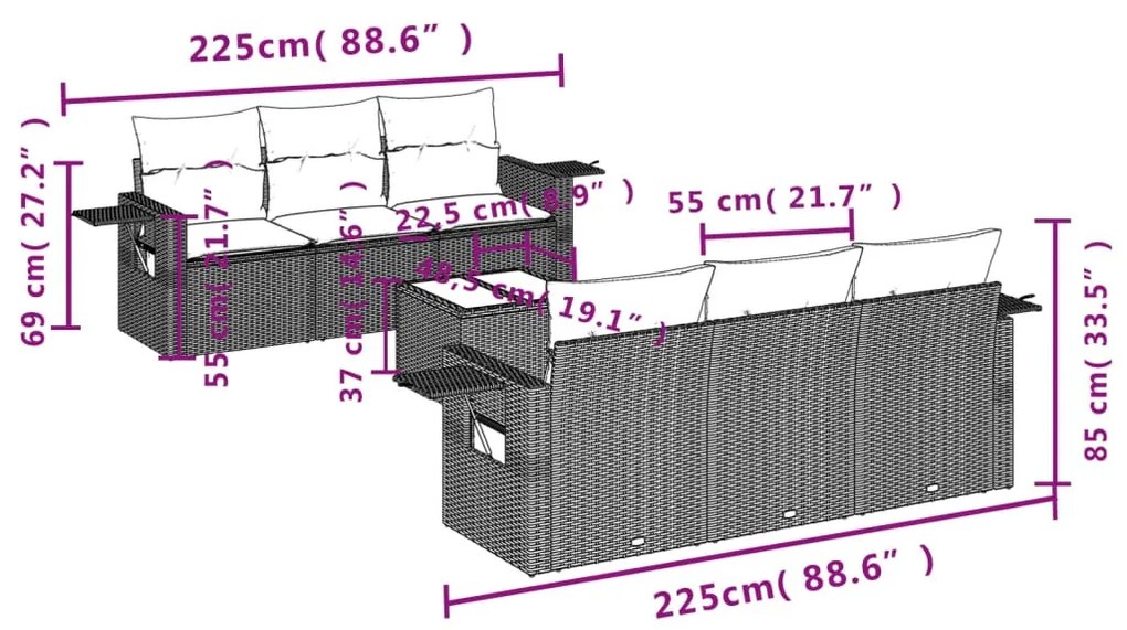 7 részes világosszürke polyrattan kerti ülőgarnitúra párnákkal