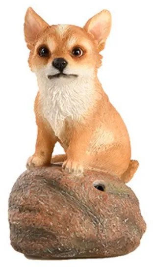 Kövön ülő ugató corgi kiskutya polyresin szobor, barna, kültéri és beltéri dekorációs kiegészítő