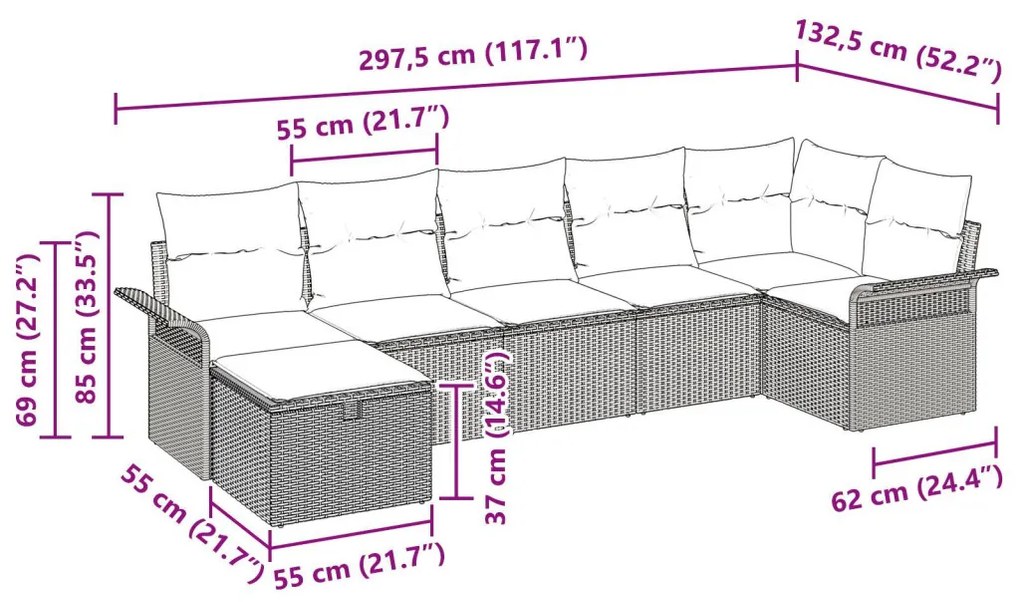 7 részes Kert Kanapé Szett Párnákkal - Fekete Poli Rattan