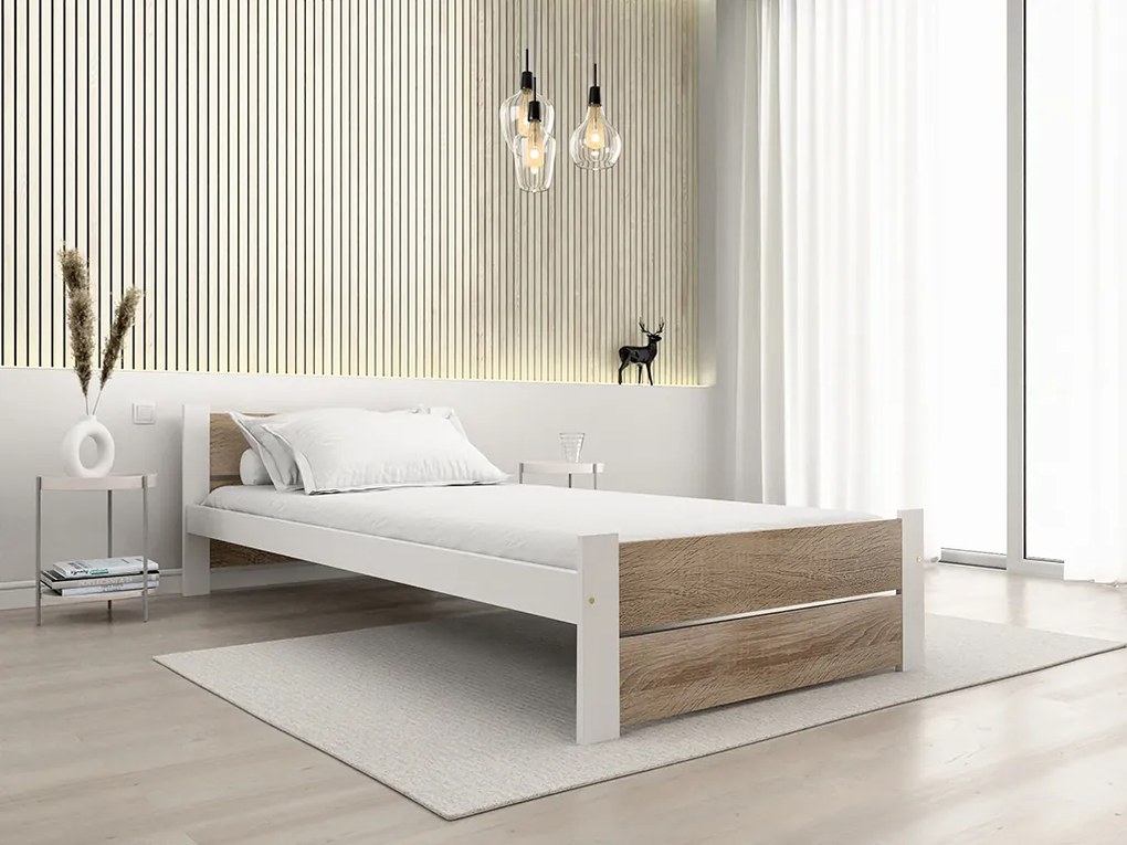 Ágy IKAROS DOUBLE 90 x 200 cm, fehér/dub sonoma Matrac: Deluxe 10 cm matraccal, Ágyrács: Deszkás ágyráccsal
