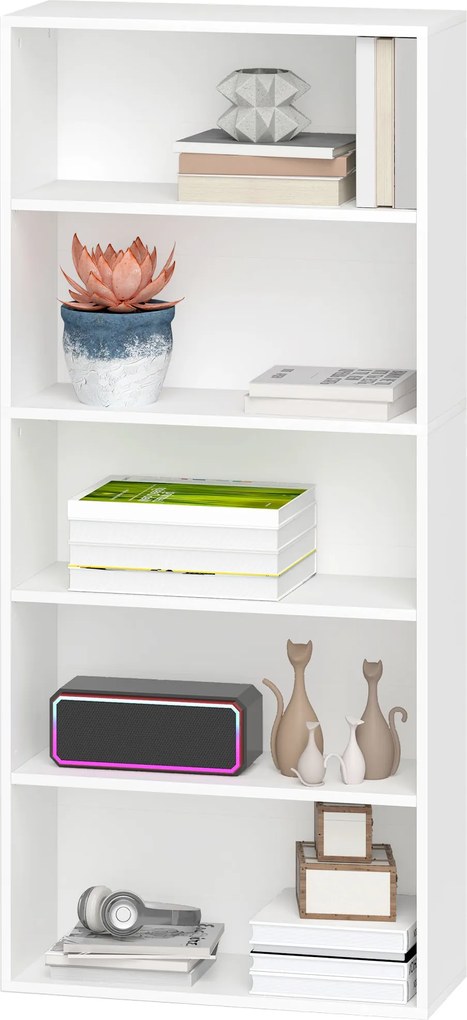 HOMCOM 5-Szintes Könyvespolc 3 Állítható Polccal Nappalira, Irodába, Hálószobába 60x24x133,5 cm Fehér | Aosom