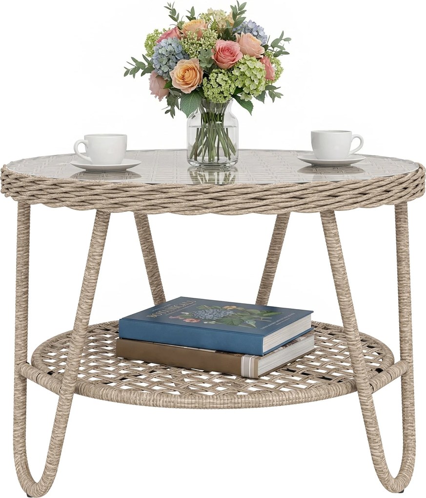 Outsunny kültéri PE rattan kerti oldalasztal edzett üvegtetővel, horganyzott fémvázzal, 65 x 65 x 50 cm, sárga | Aosom