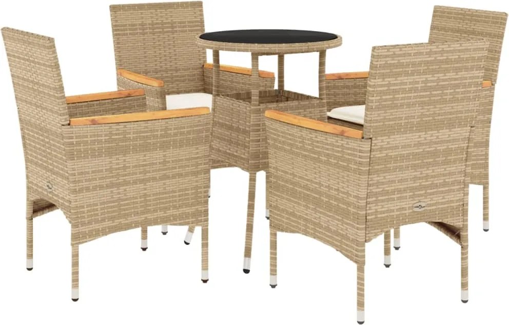 vidaXL 5 részes bézs polyrattan/üveg kerti étkezőgarnitúra párnákkal