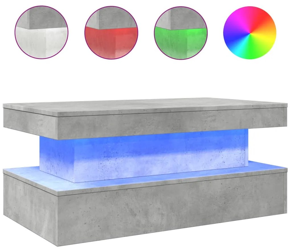 Betonszürke dohányzóasztal LED-lámpákkal 90x50x40 cm