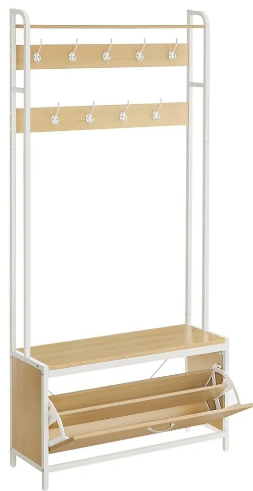 Előszoba fogas paddal, akasztókkal, cipőszekrény, tölgy és fehér 85x30x180cm