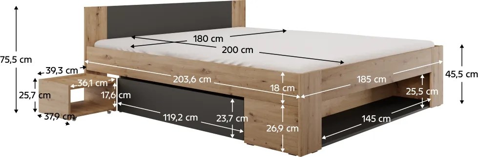 Ágy tárhellyel, 180x200, artisan tölgy/antracit, UNIS