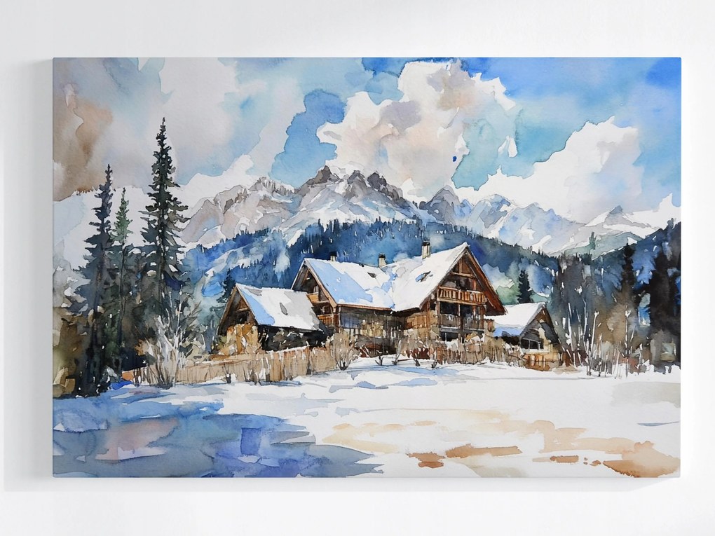 Poszter Tél Tájkép Hegyek Akvarell Házak Alpok Hó 120x80