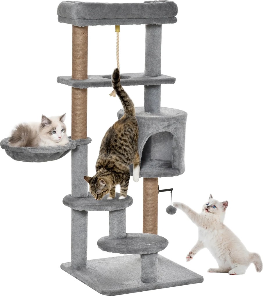 PawHut Macska Kaparóoszlop 120 cm Macska Fa Kosárral, Macska Bújóval, Játék Labdával, Belső Mászótorony Ággyal, Juta Törzzsel, Kaparós Bútor Kismacská