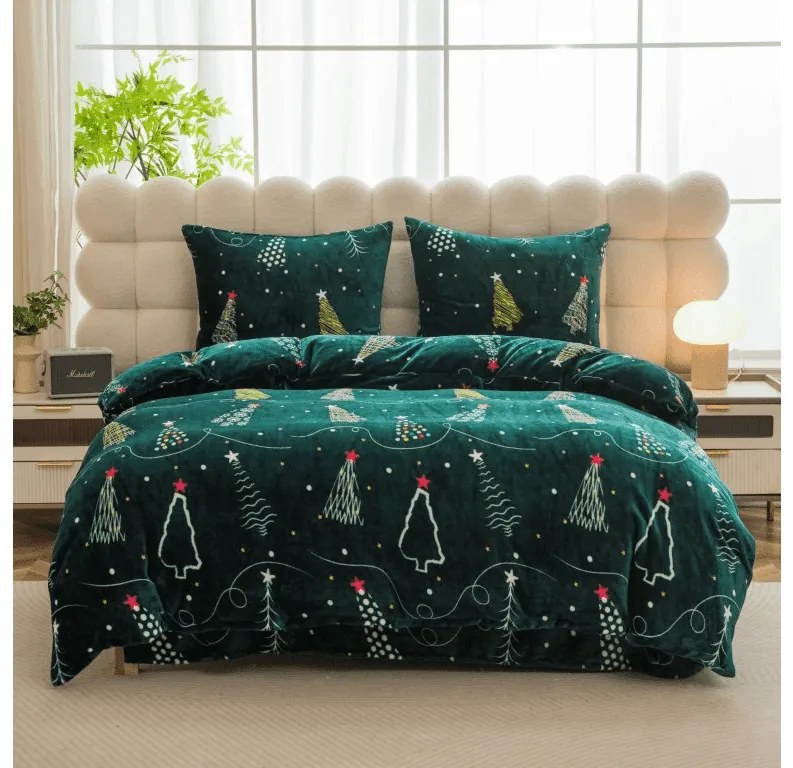 Mikroplüss ágyneműhuzat szett CHRISTMAS DRIFT zöld + Mikroplüss lepedő SOFT 90x200 cm fehér, egyszemélyes
