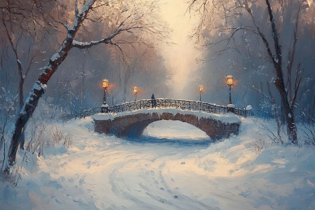 Vászonkép Canvas Tájkép Kilátás Park Híd Patak Tél Hó 60x40