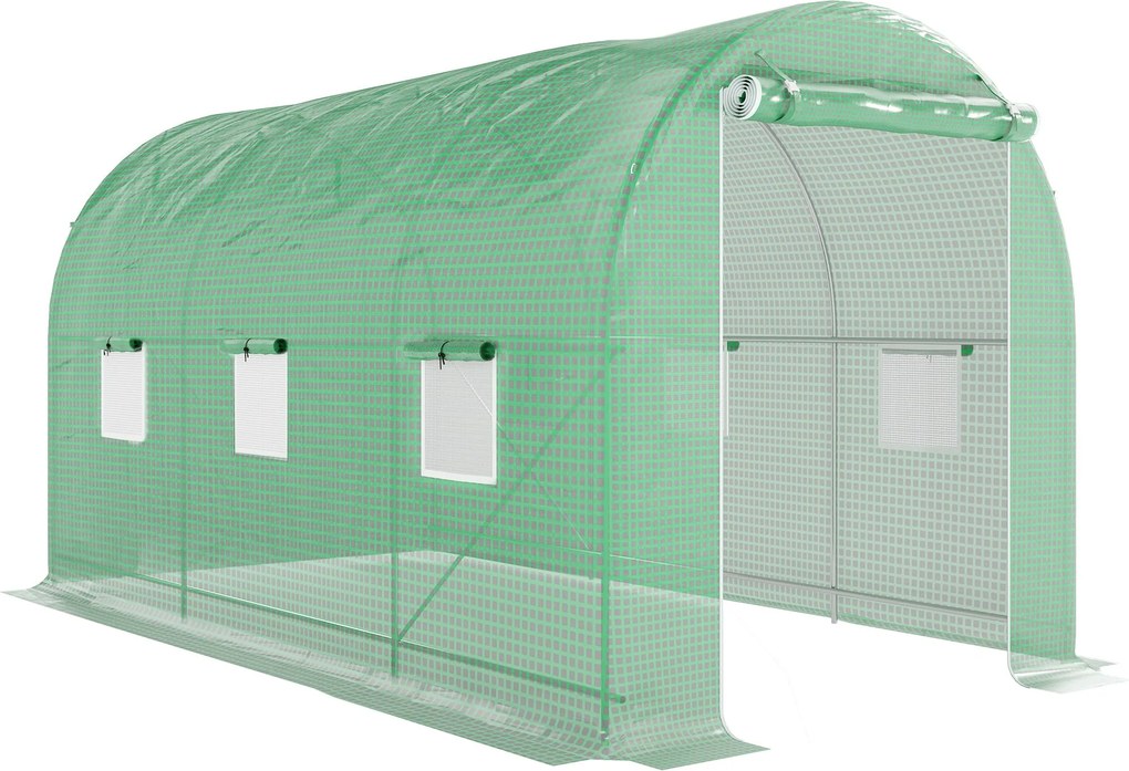 Outsunny Tunneles Üvegház 400x200x205 cm Kerti Üvegház Rolós Ajtóval és 6 Ablakkal, 140 g/m² PE Borítással, Fém Váz a Növények és Zöldségek Növesztésé