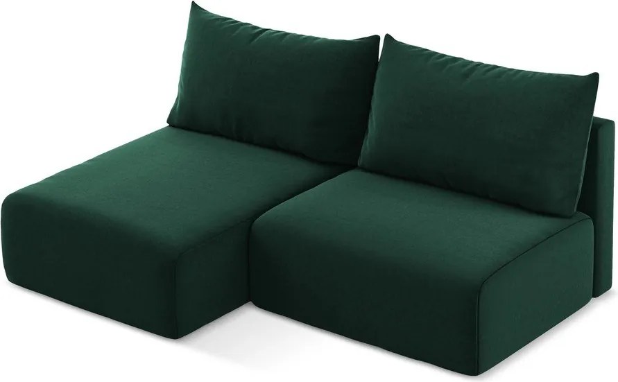 Sötétzöld bársony kinyitható-tárolóhelyes sarokkanapé (bal oldali-heverő résszel) Kalena – Makamii