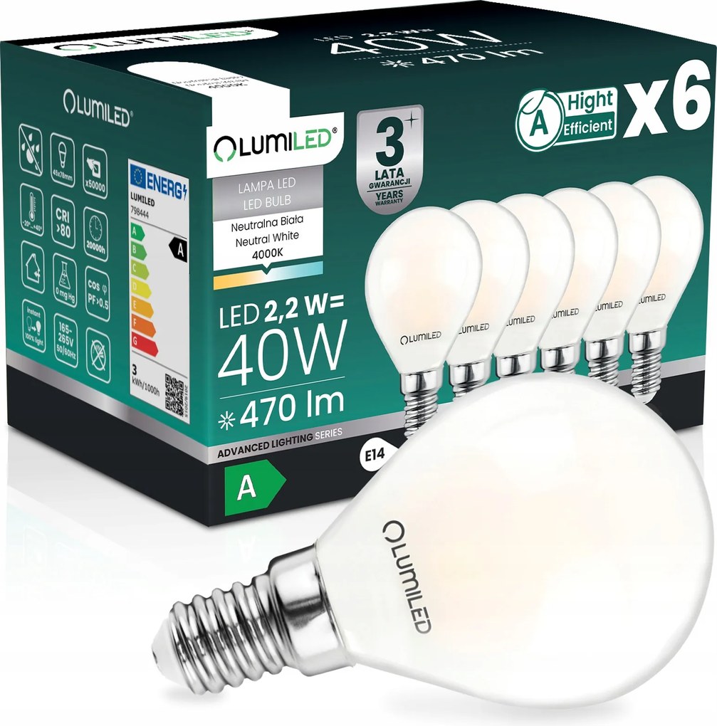6 db E14 Led Filament Izzó A Osztály 2,2W 470LM 40W 4000K 360° Gömb