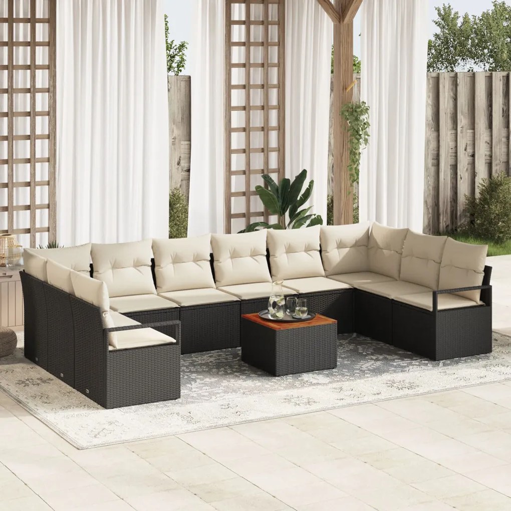 11 Darabos Kerti Kanapé Szett Párnákkal Fekete Poly Rattan Akácia, 2-Fős Kerti Kanapé Tárolóval és Párnákkal Fekete Poly Rattan