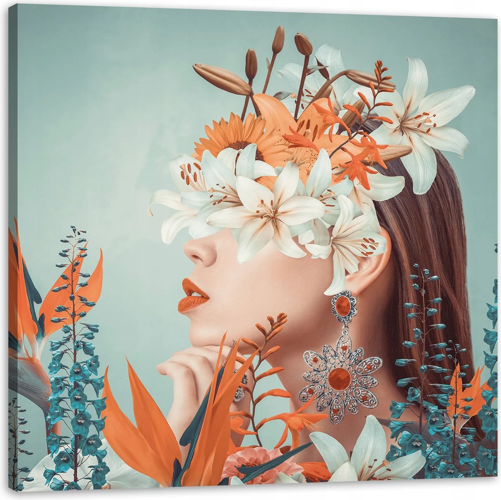 Vászonkép Nő Virágok Levelek Természet 90X90 cm Ajándéknak is tökéletes