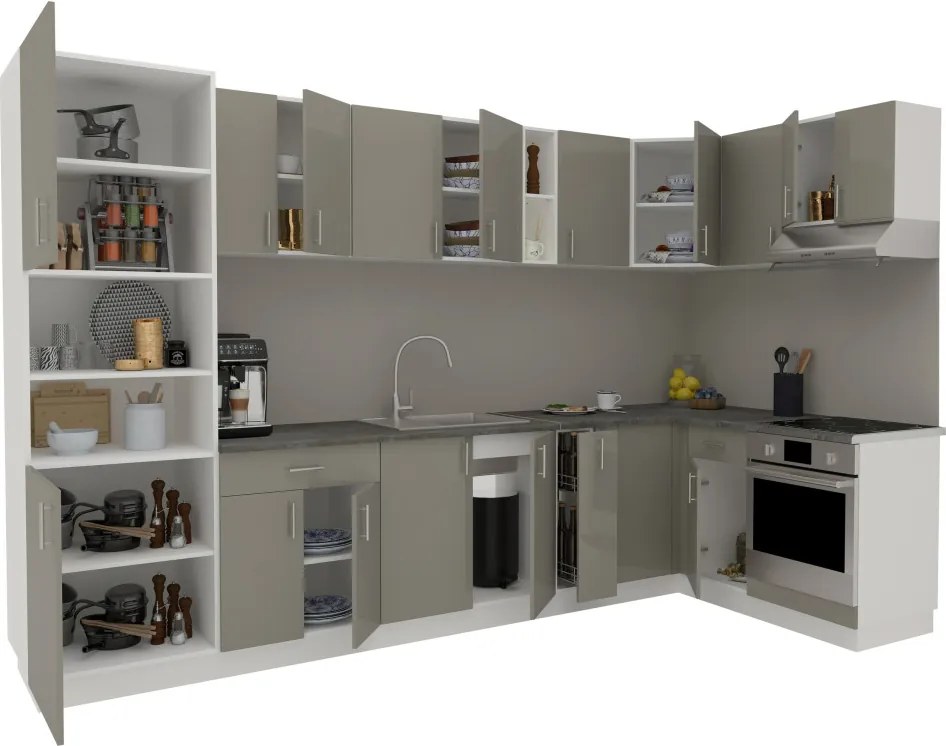 Karo V35 sarok konyhabútor 28 mm-es Thermo munkalappal, Fényes szürke / Fehér, MDF, 320 x 160 cm