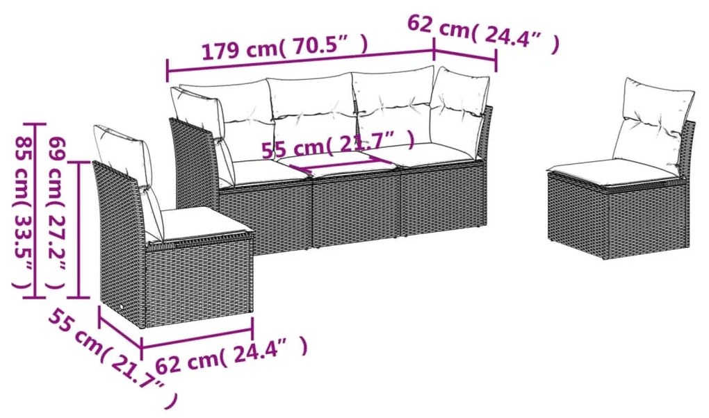 5 részes barna polyrattan kerti ülőgarnitúra párnával