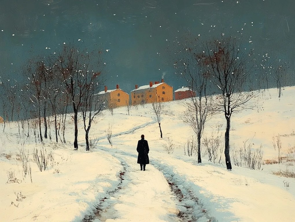 Vászonkép Canvas Tájkép Tél Hó Út Fák Ember Házak 80x60