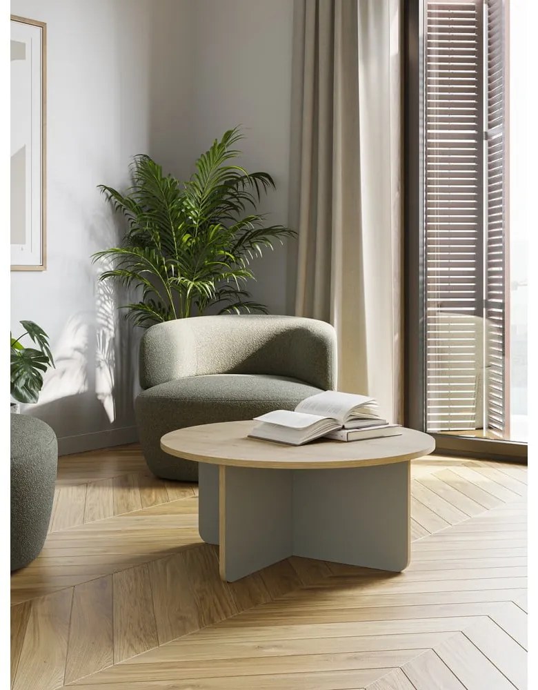 Világoszöld-natúr színű kerek dohányzóasztal tölgyfa dekoros asztallappal ø 80 cm Hillary – Marckeric