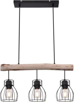 Globo 15326-3N Függeszték fém fekete drótháló búrával, natúr fa betéttel. LxBxH:600x136x2090, exkl. 3xE27 40W 230V