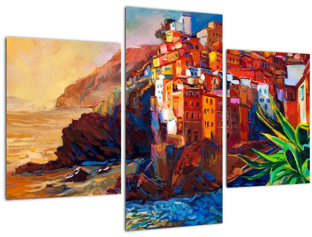 Kép - Falu Cinque Terre partján, az olasz riviérán, modern impresszionizmus (90x60 cm)