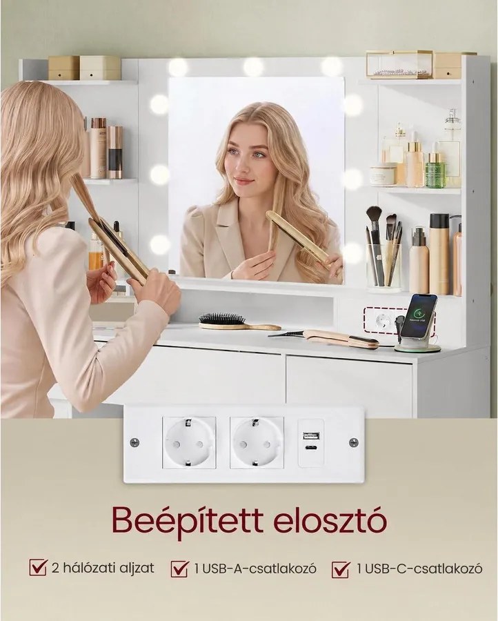 VASAGLE Kailyn LED-es fésülködőasztal tükörrel és töltőállomással, felhőfehér