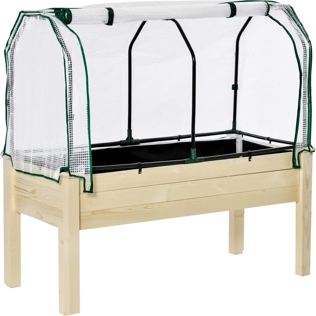 Outsunny Emelt Ágyás Üvegházzal, Zöldséges Ágyás Szövet Béléssel, Fűszerágyás Acél Kerettel, Virágtartó Doboz Kerthez, Balkonomhoz, Természetes Fenyő