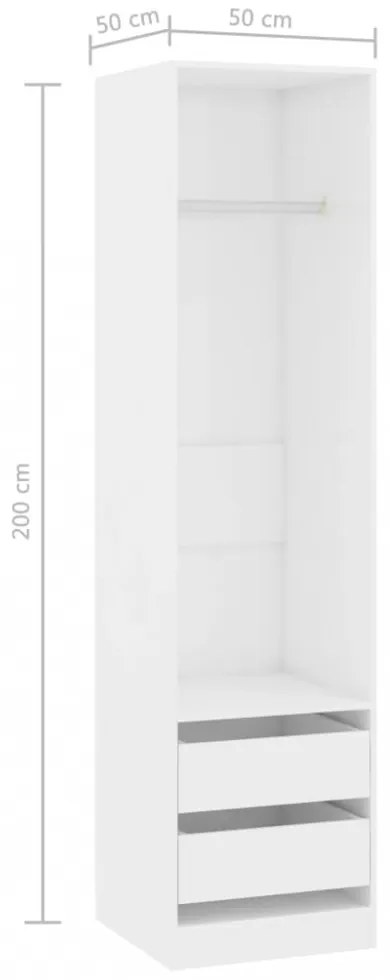 Magasfényű fehér forgácslap fiókos ruhásszekrény 50x50x200 cm