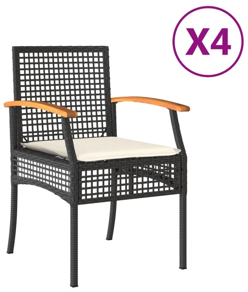 4 db fekete polyrattan és akácfa kerti szék párnákkal