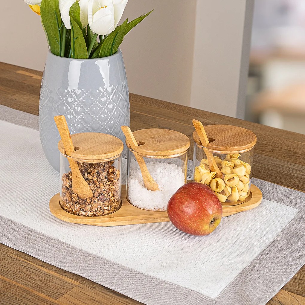 4home Bamboo üveg élelmiszer tároló szett kiskanáll és tálcával 310 ml