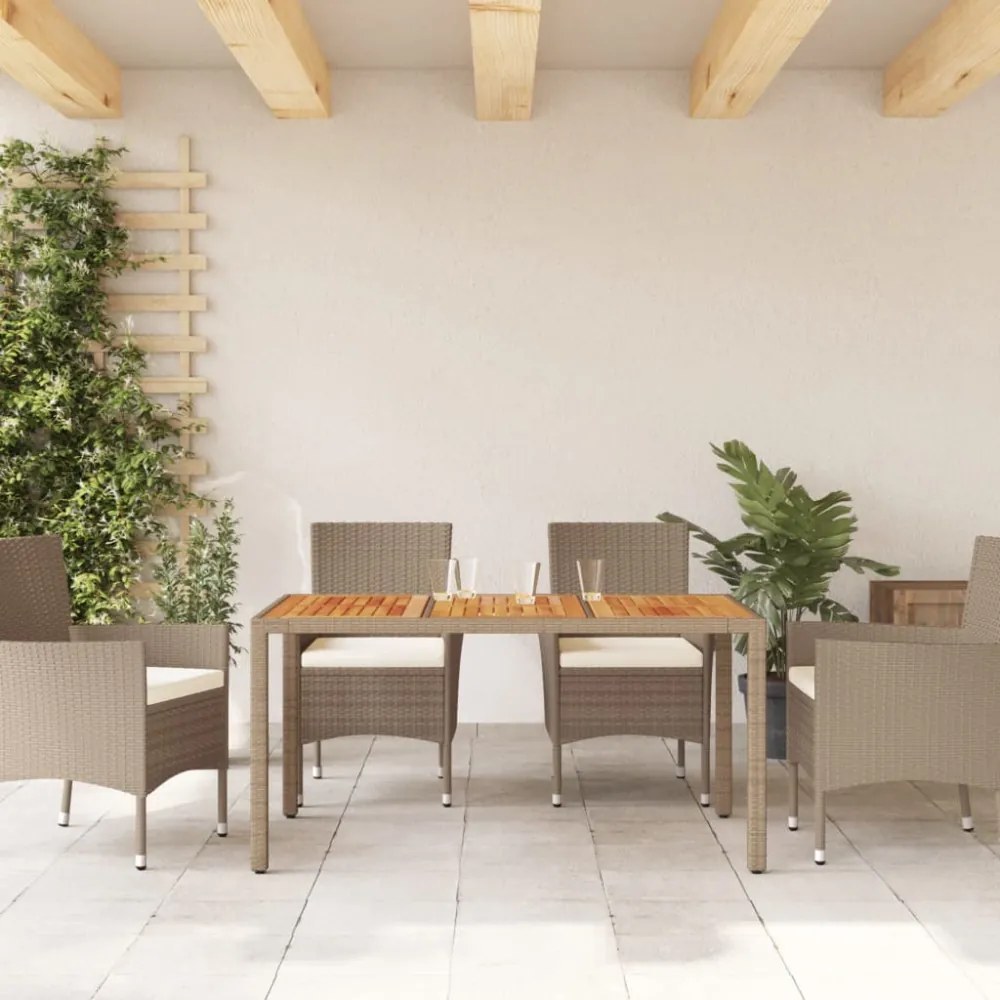 bézs polyrattan és akácfa kerti asztal 150 x 90 x 75 cm