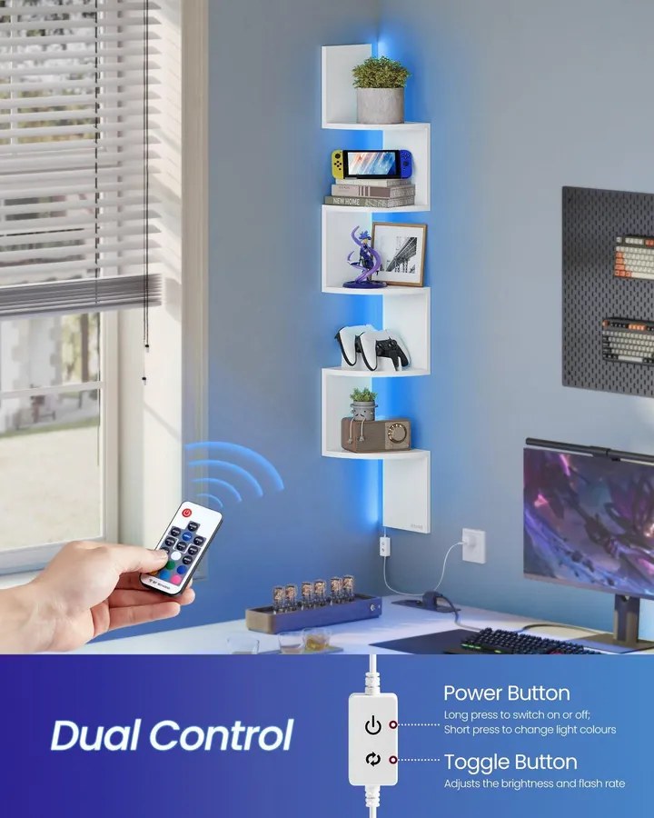 Fali sarokpolc RGB LED világítással, 5 szintes, matt fehér színben