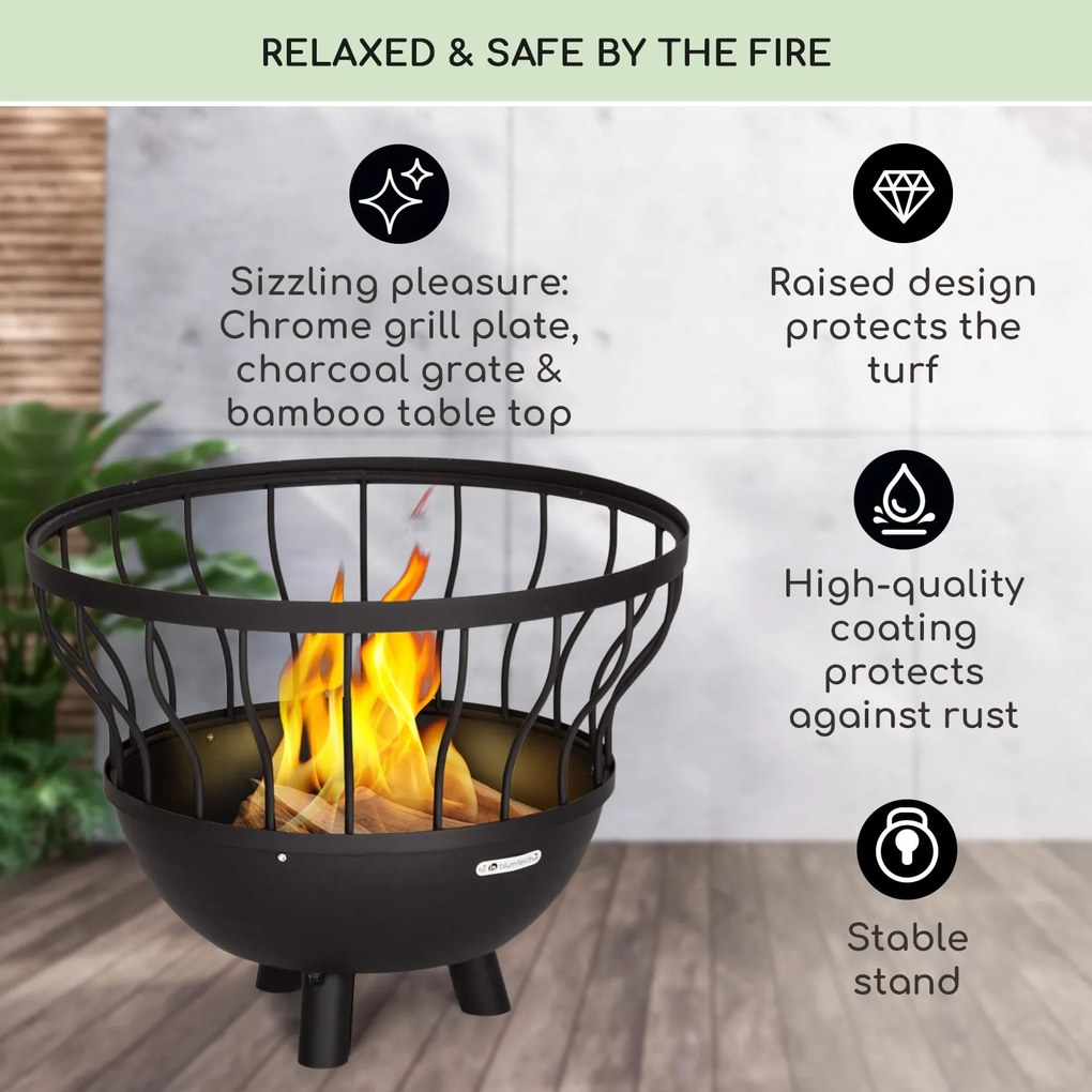 Blumfeldt Nantai, 3 az 1-ben tűzrakóhely grillel és asztallal, Ø 66 cm, Ø 50 cm grill rostély, acél, bambuszlap