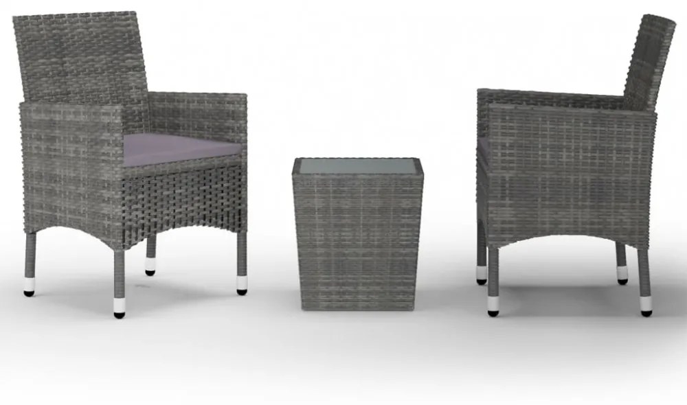 3 részes szürke polyrattan és edzett üveg bisztrószett