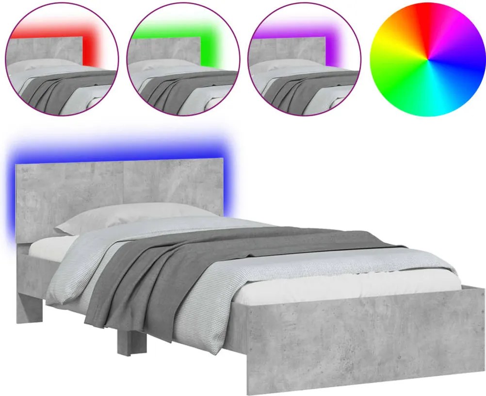 vidaXL betonszürke ágykeret fejtámlával és LED-világítással 100x200 cm