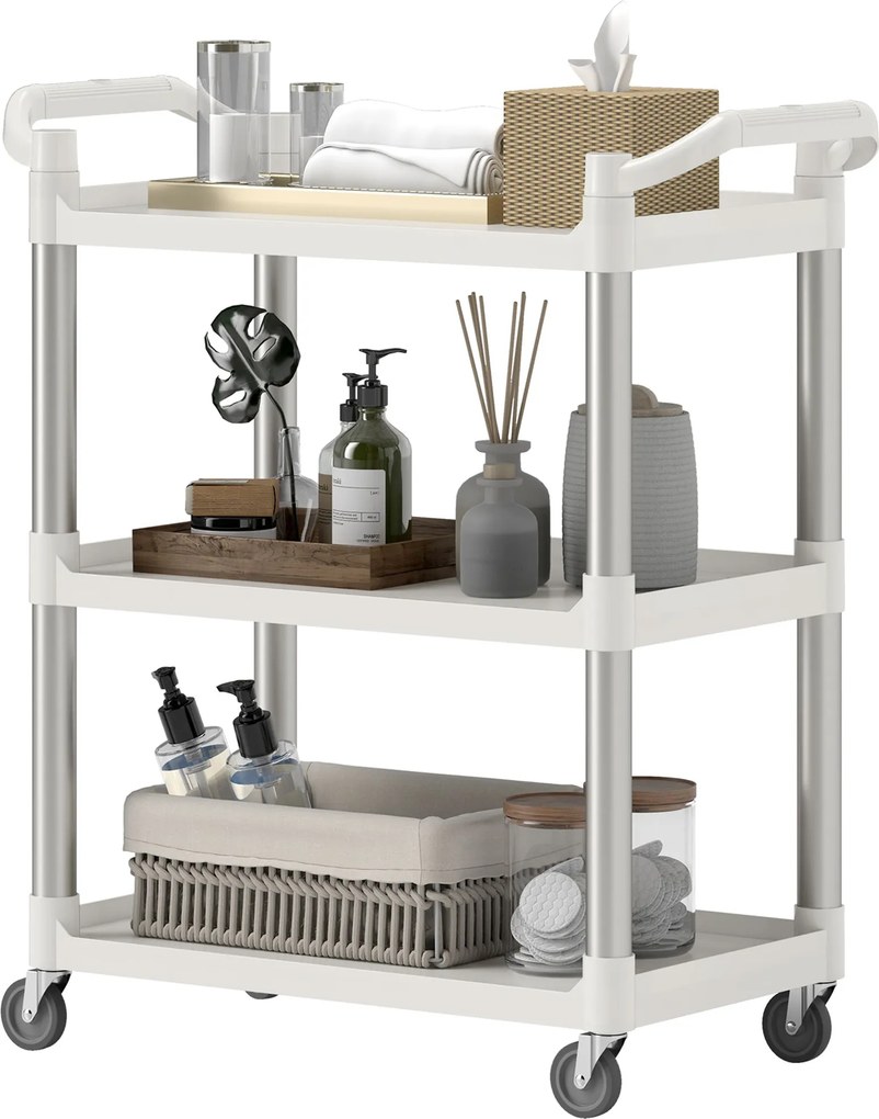 HOMCOM 3-Szintes Alumínium Ötvözet Kerekes Használati Kocsi 105 kg Teherbírás Étkezőbe Fürdőszobába 88x44x93 cm Fehér | Aosom