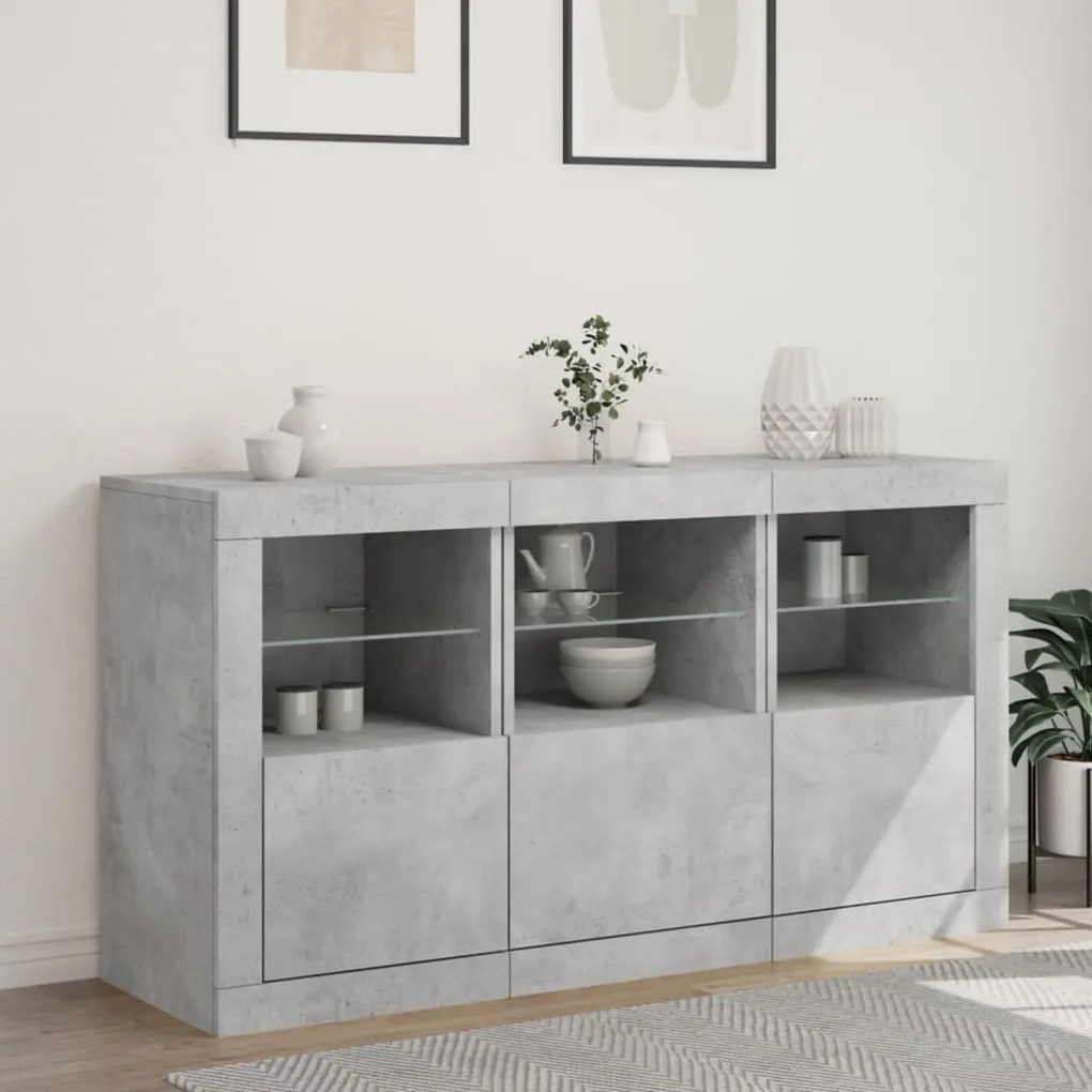 betonszürke tálalószekrény LED-világítással 123 x 37 x 67 cm