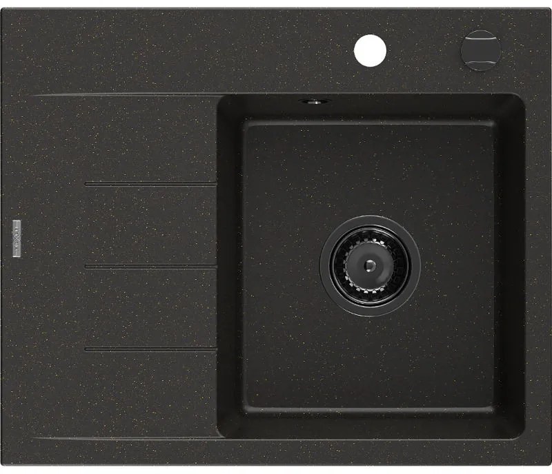 Mexen Ben gránit mosogató 1-medencés csepegtetővel, jobb oldali, 600 x 500 mm, fekete/arany metál fekete szifon