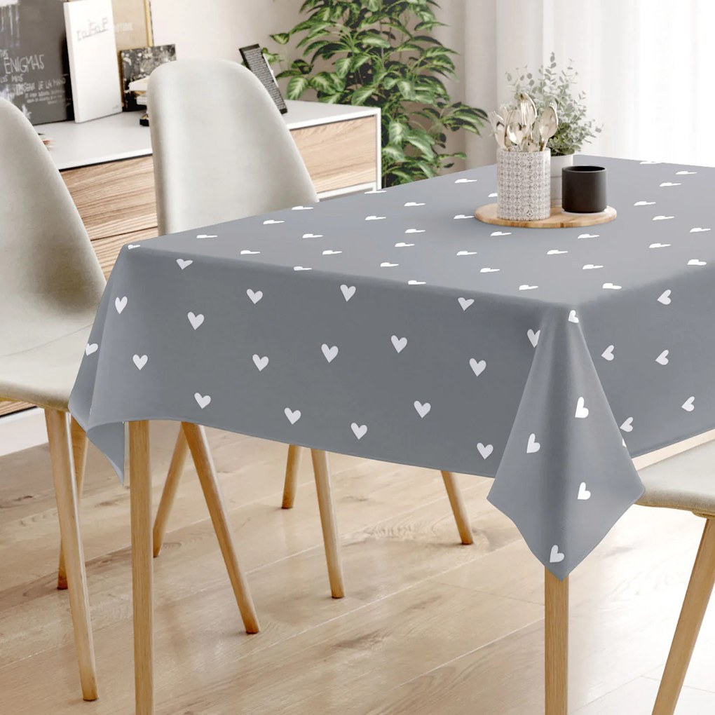 Goldea szögletes terítő 100% pamutvászon - szívecskék, szürke alapon 100 x 100 cm