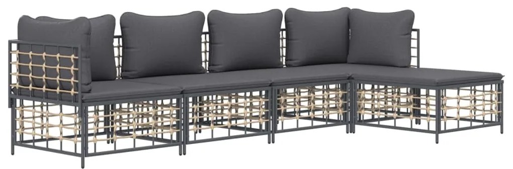 5 részes antracitszürke polyrattan kerti ülőgarnitúra párnákkal