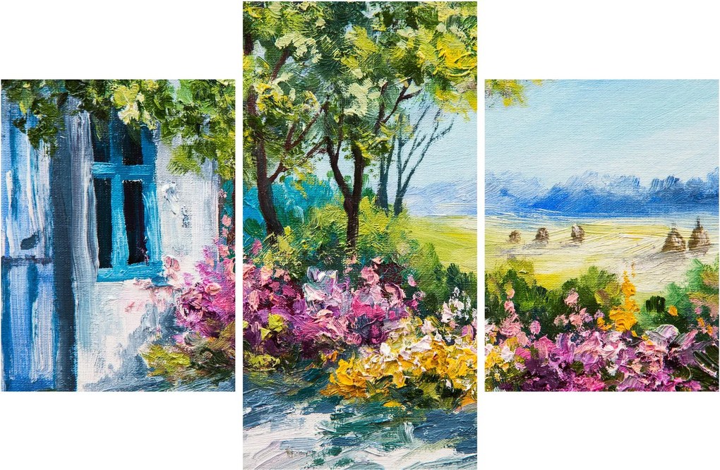 Kép a ház előtti kertről, olajfestmény (90x60 cm)