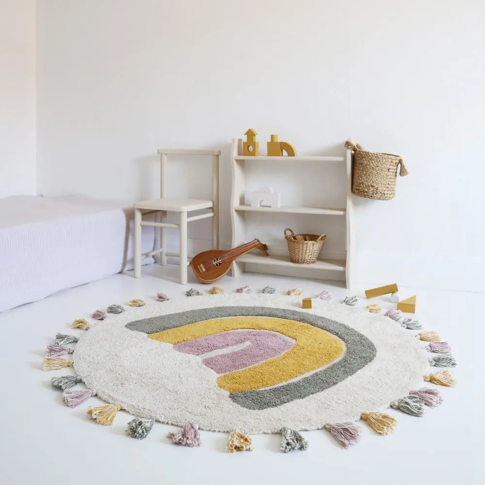 Krémszínű mosható kézi szövésű pamut gyerek szőnyeg ø110 cm Rainbow Moss – Nattiot