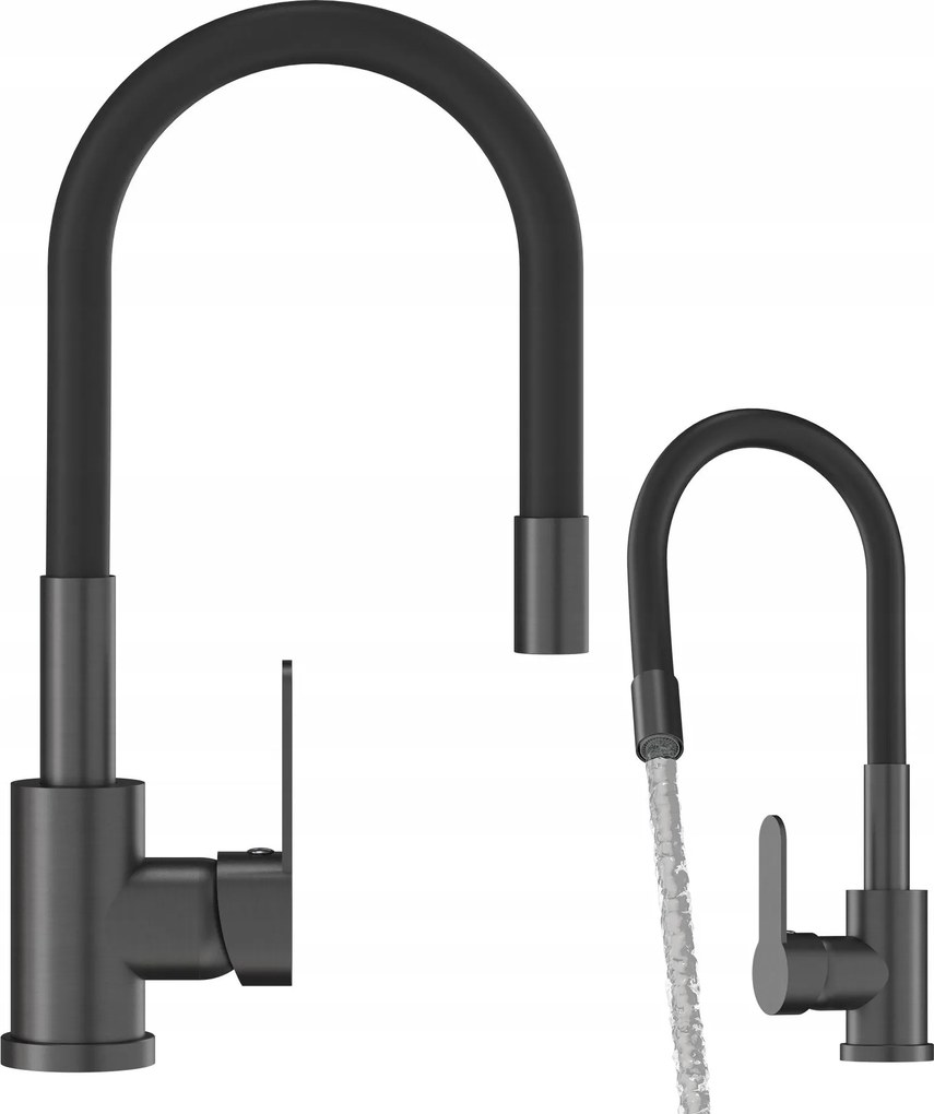 Konyhai Csaptelep Gun Grey Fekete Metál Flexibilis Kifolyócső Csaptelep Grado