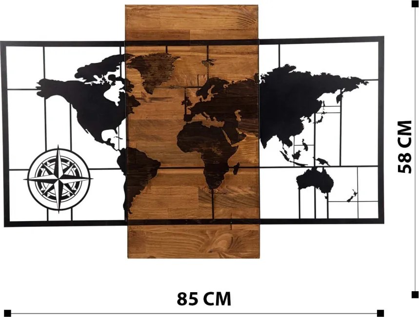 World Map With Compass fa-fém világtérkép faldekoráció