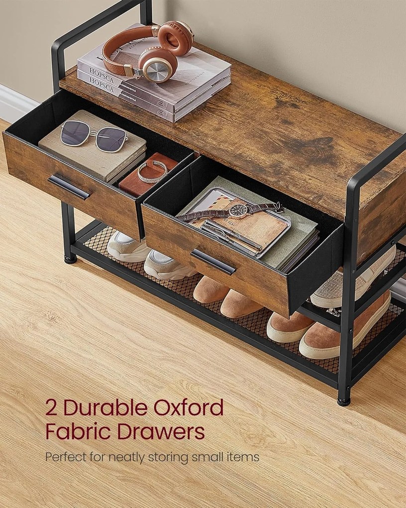 Előszobafal ülőkével, cipőtárolóval,szövetfiókkal,30 x 80,4 x 181,6 cm, rusztikus barna/fekete